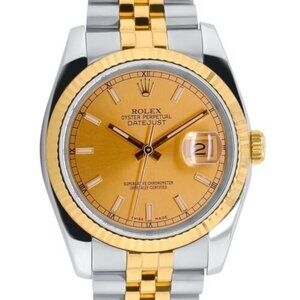 ROLEX DATEJUST CHAMPAGNE INDEX DIAL 18KY FLUTED JUBILEE TWO-TONE WATCH 116233